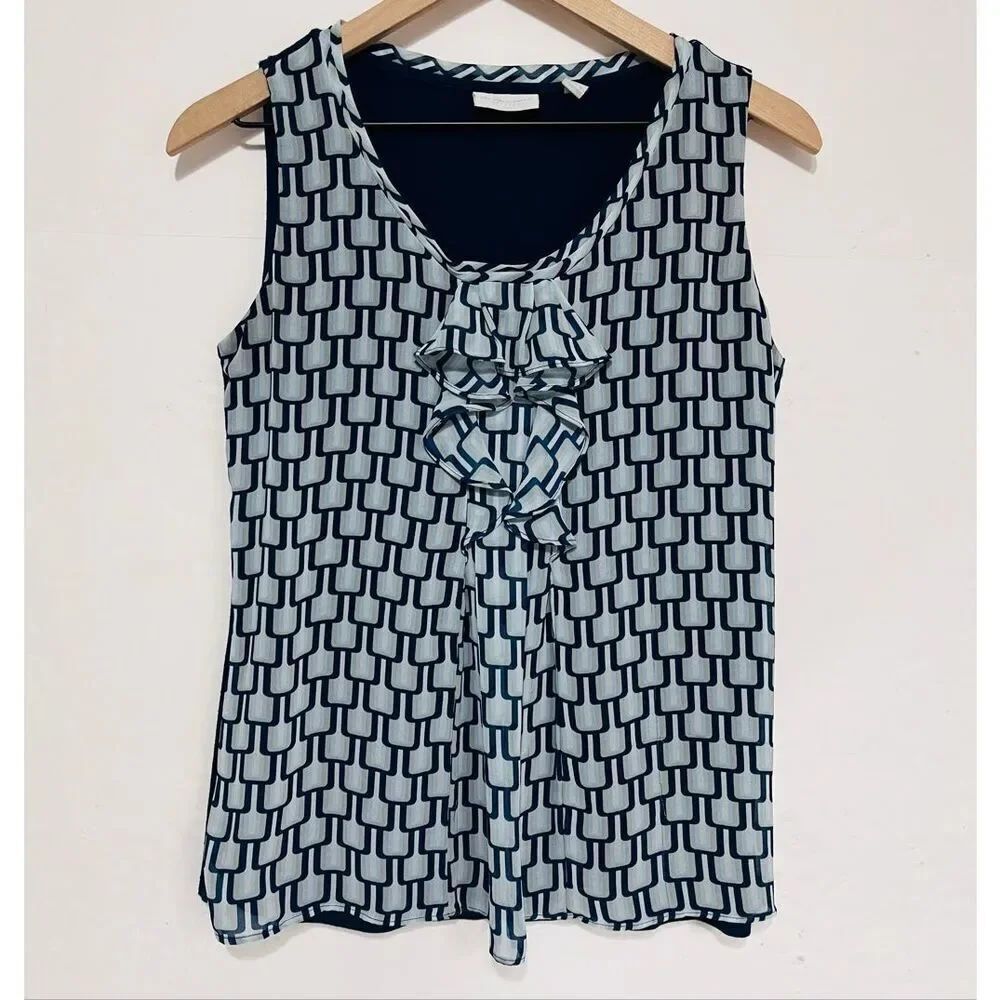New York & Company Stretch Geometric Print Sleeveless Ruffled Blouse   Size S